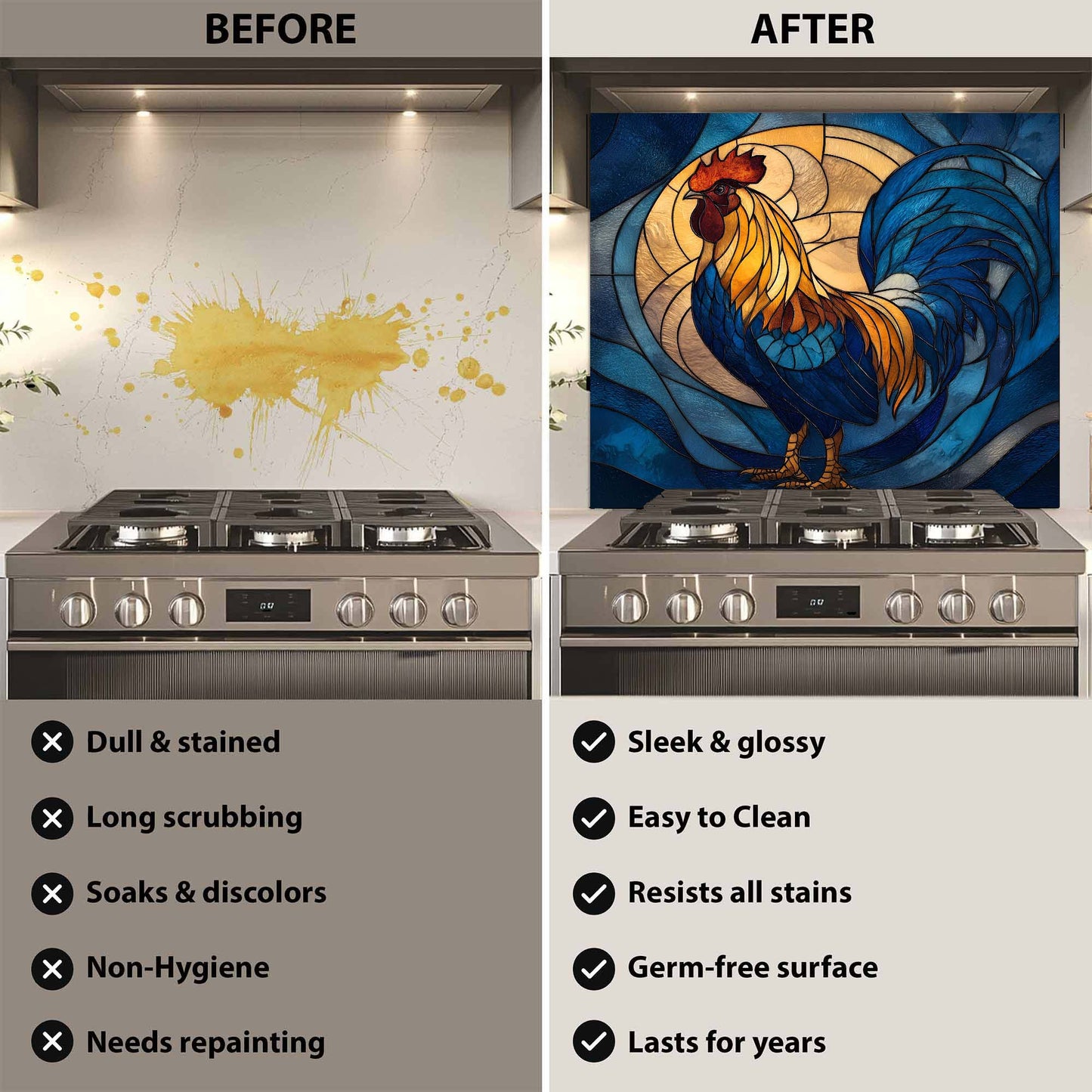 Before and after comparison of a kitchen stove with a decorative glass backsplash.