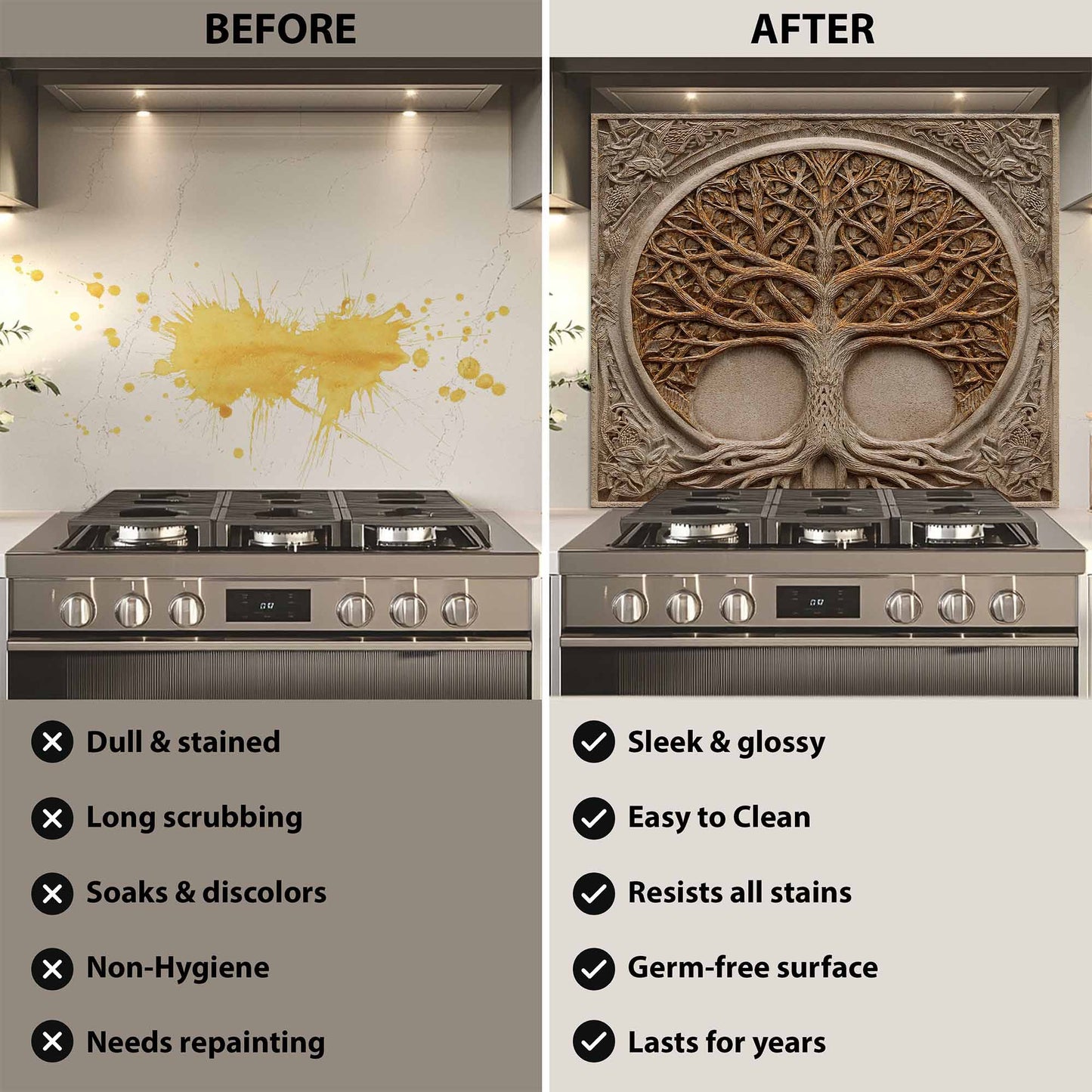 Before and after comparison of a kitchen stove with a decorative backsplash.