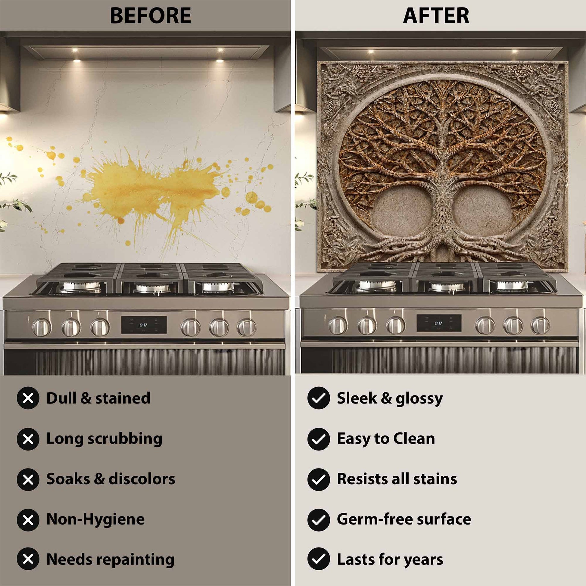Before and after comparison of a kitchen stove with a decorative backsplash.