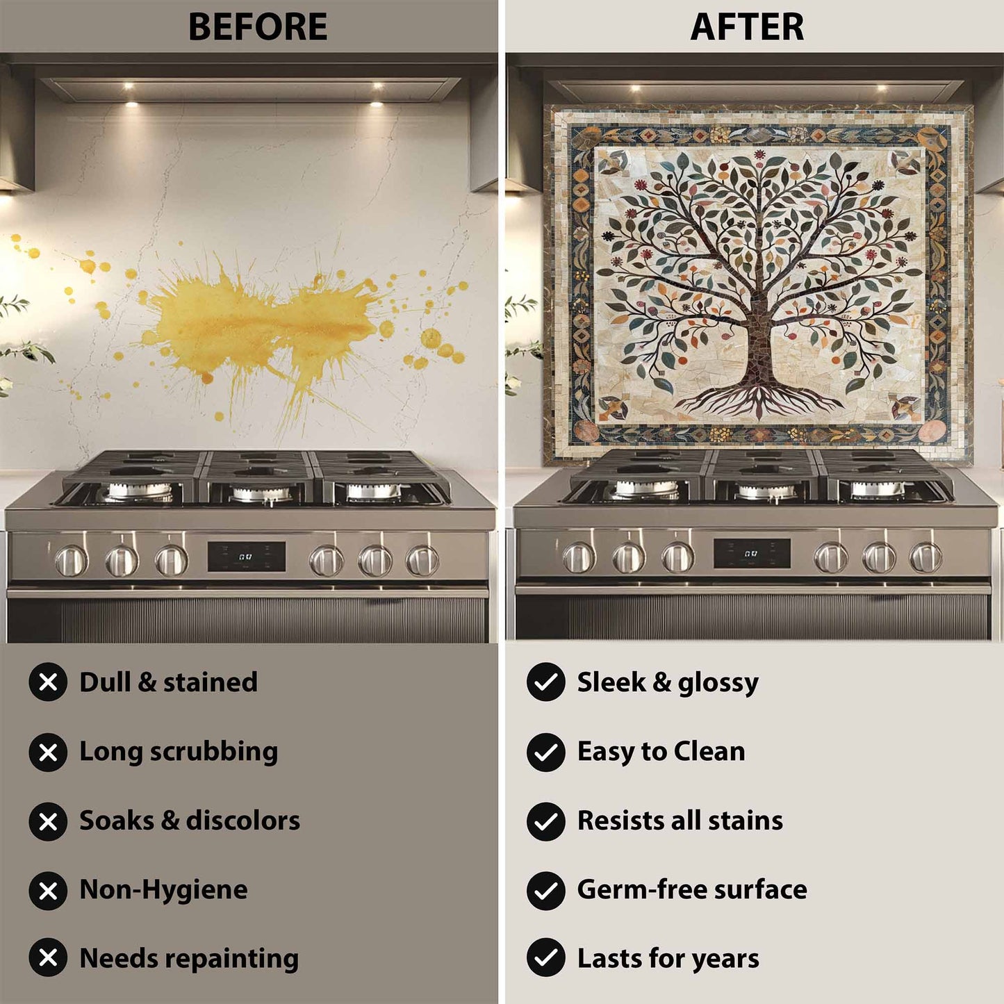 Before and after comparison of a kitchen stove with a decorative backsplash.