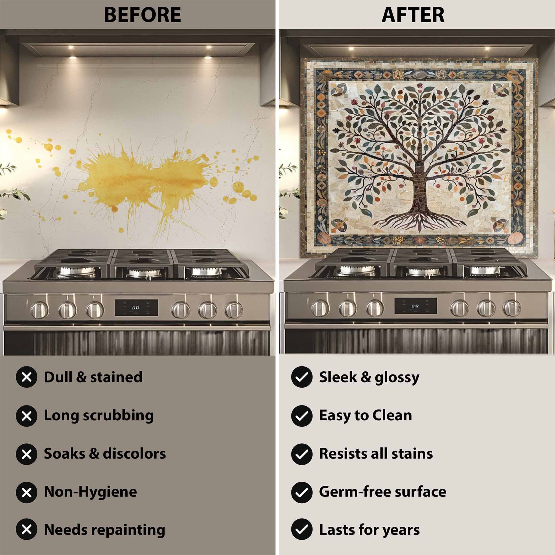 Before and after comparison of a kitchen stove with a decorative backsplash.