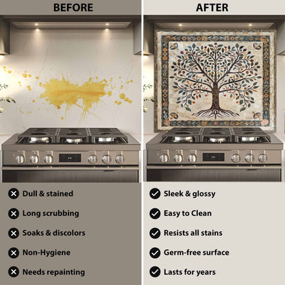 Before and after comparison of a kitchen stove with a decorative backsplash.