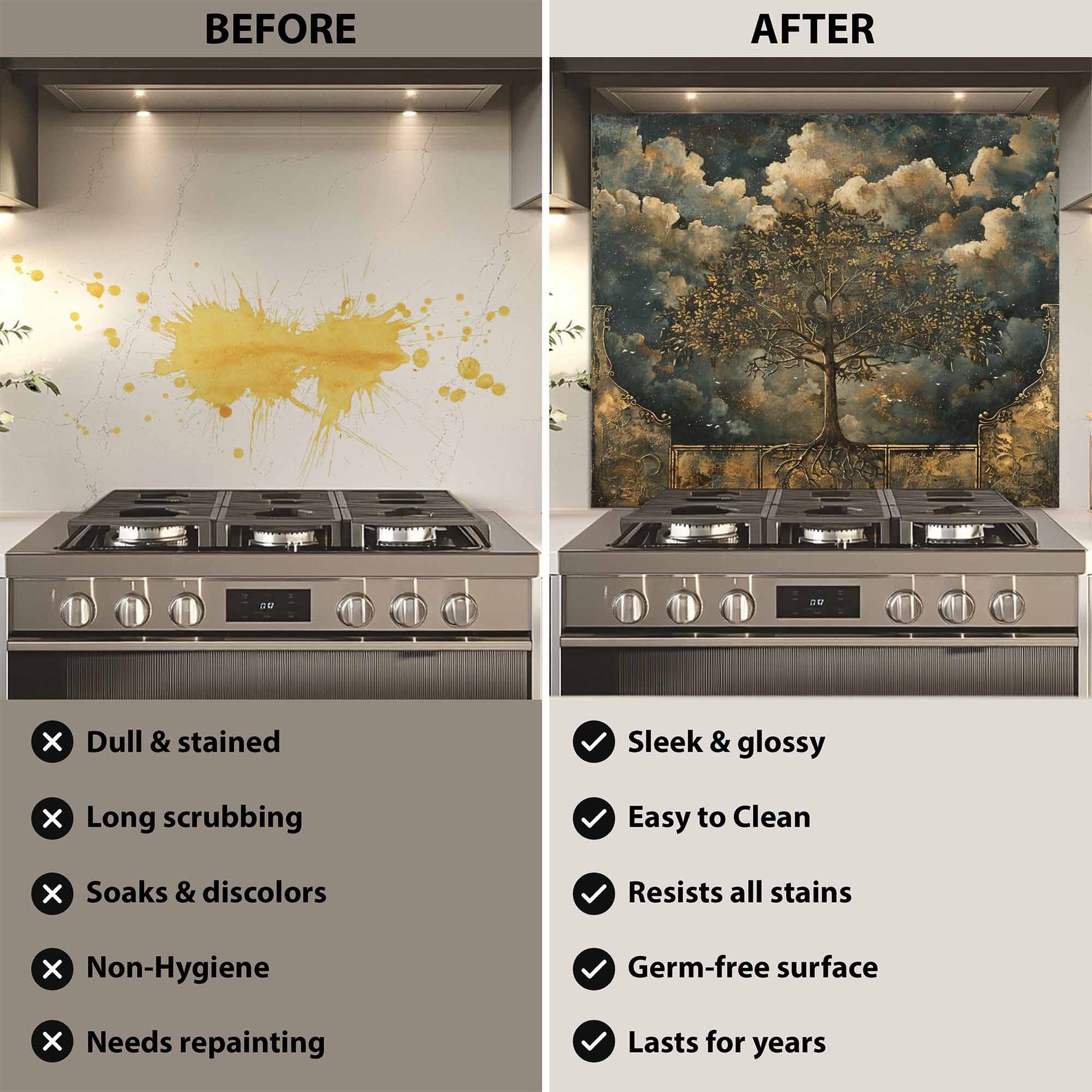 Before and after comparison of a stove with a decorative backsplash.