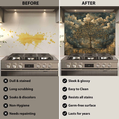 Before and after comparison of a stove with a decorative backsplash.