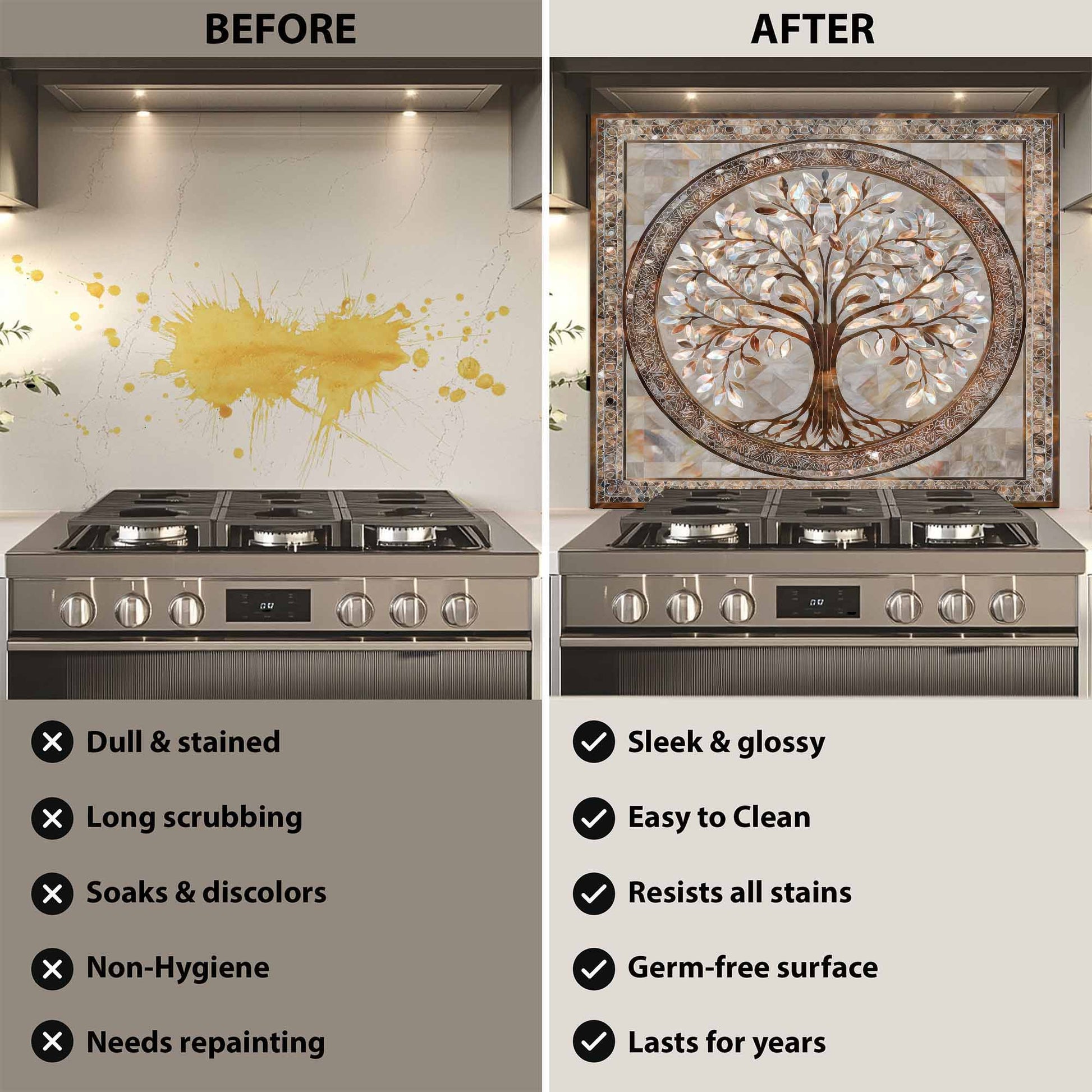 Before and after comparison of a kitchen stove with a decorative glass backsplash