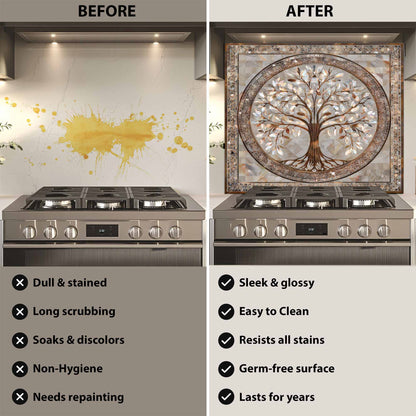 Before and after comparison of a kitchen stove with a decorative glass backsplash