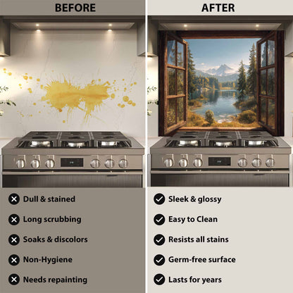 Before and after comparison of a kitchen stove with a decorative glass backsplash.