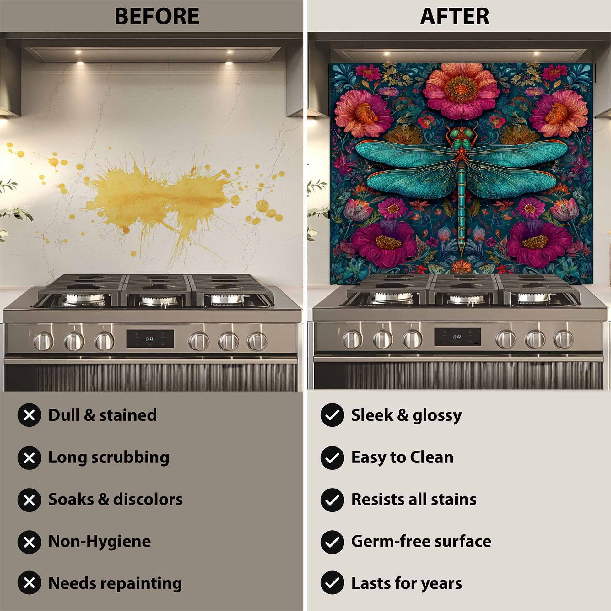 Before and after comparison of a stove with a floral and dragonfly design on the glass backsplash.