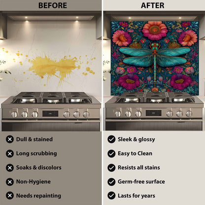 Before and after comparison of a stove with a floral and dragonfly design on the glass backsplash.
