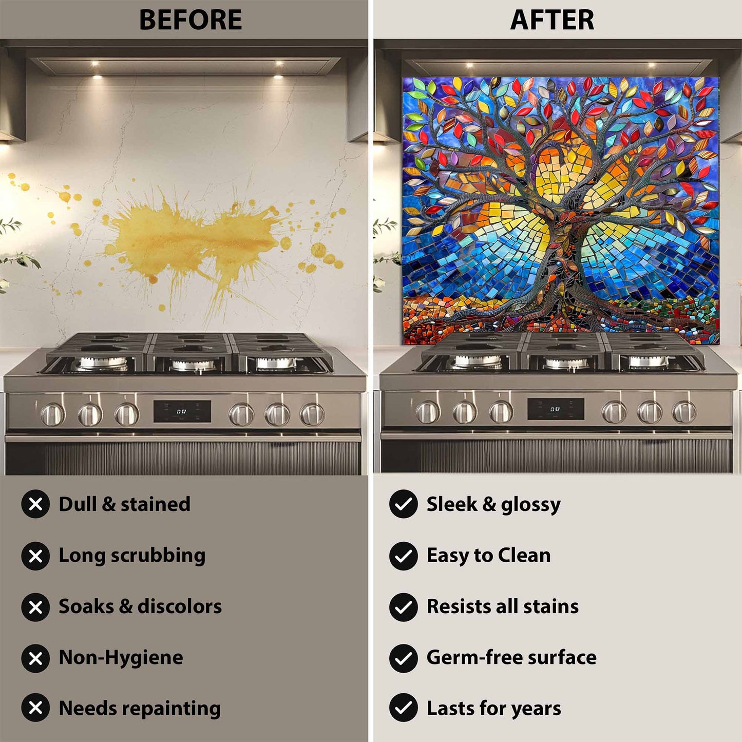 Before and after comparison of a kitchen stove with a decorative tempered glass backsplash