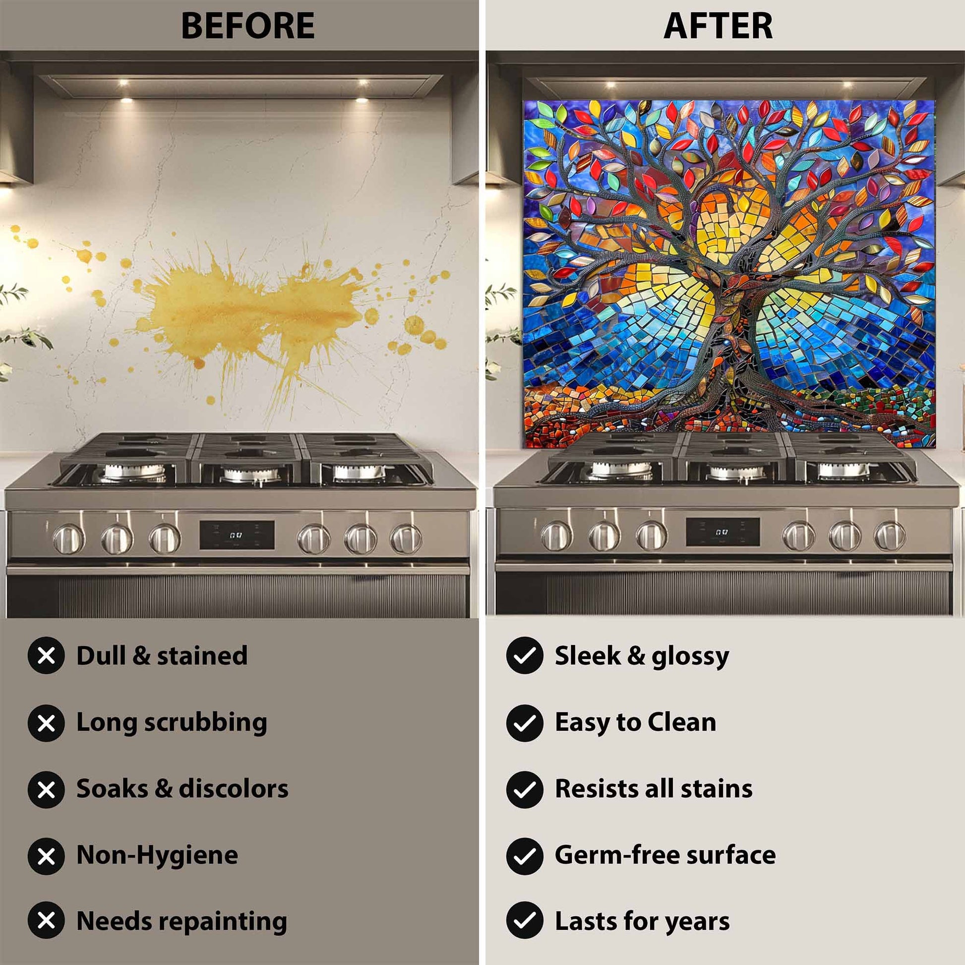 Before and after comparison of a kitchen stove with a decorative tempered glass backsplash