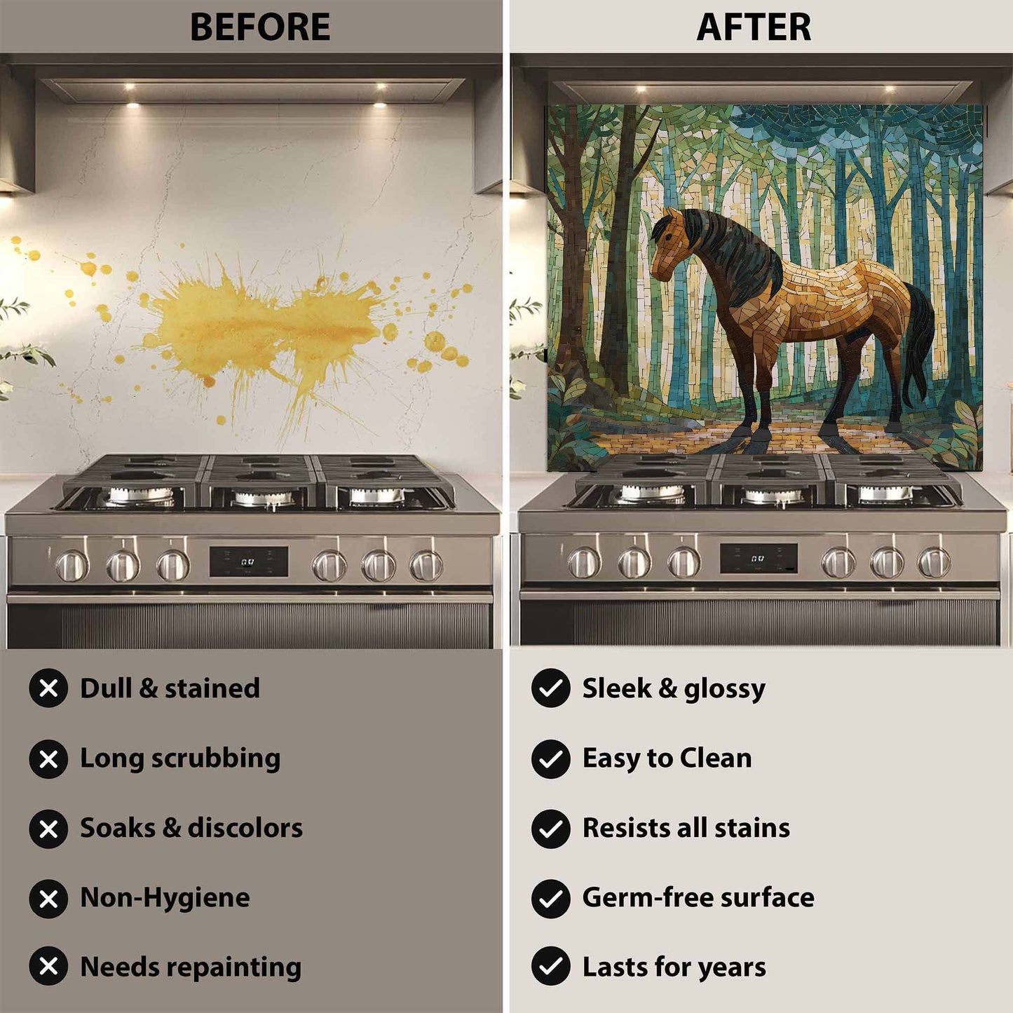 Before and after comparison of a kitchen stove with a decorative glass backsplash
