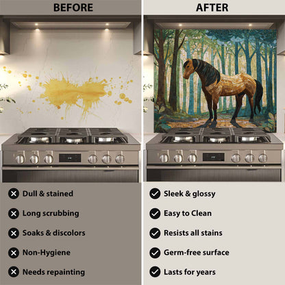 Before and after comparison of a kitchen stove with a decorative glass backsplash