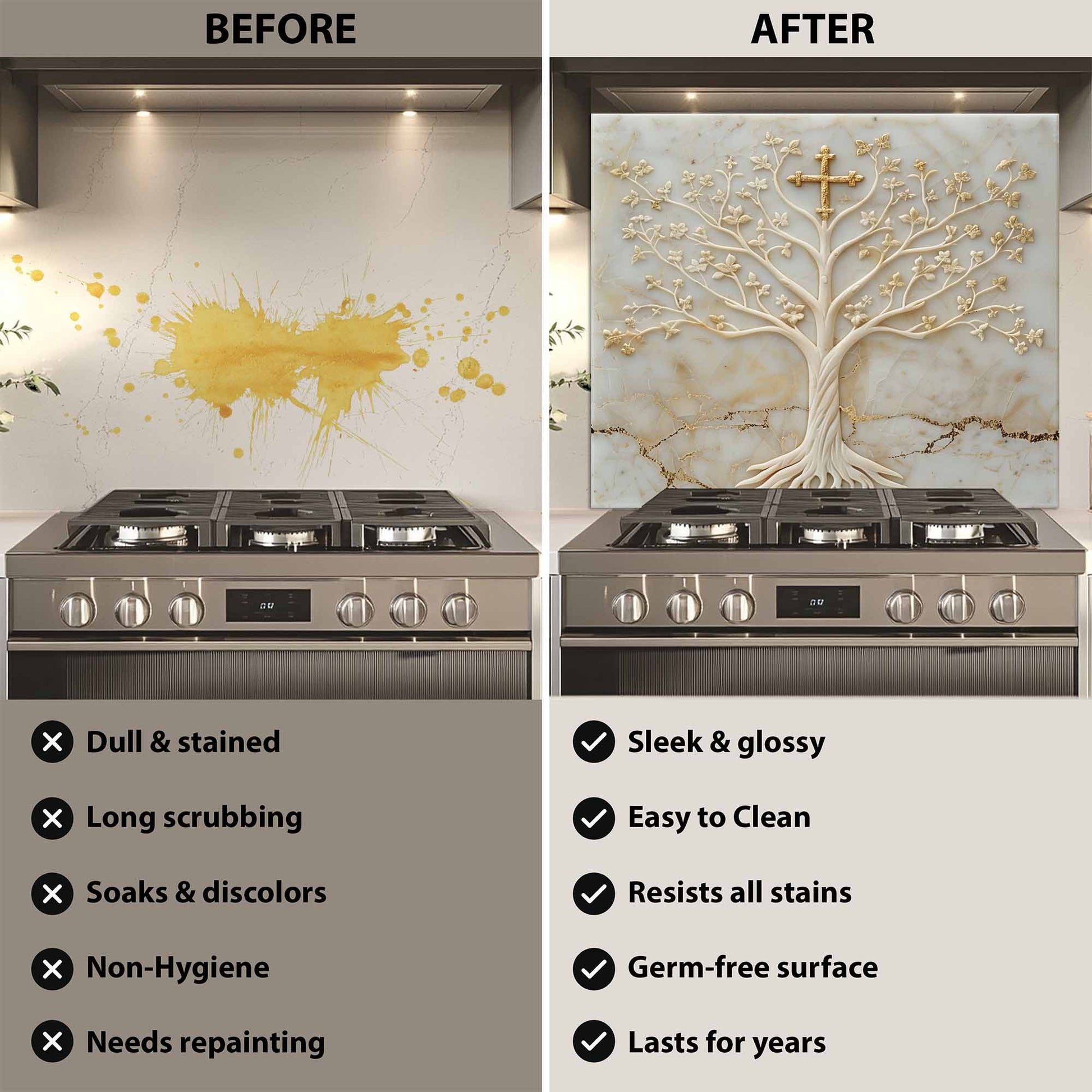 Before and after comparison of a kitchen stove with a decorative backsplash.