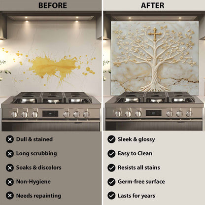 Before and after comparison of a kitchen stove with a decorative backsplash.