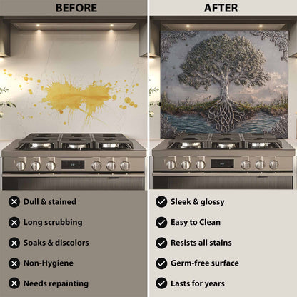 Before and after comparison of a stove with a decorative glass backsplash.