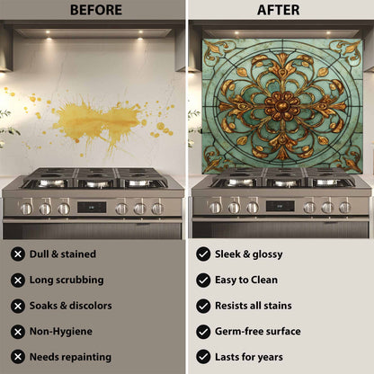 Before and after comparison of a kitchen stove with decorative glass backsplash.