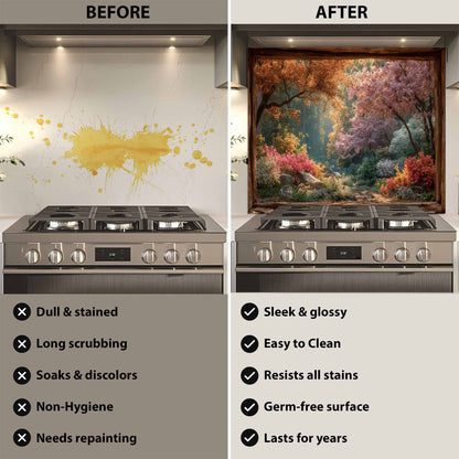 Before and after comparison of a stove with a decorative glass backsplash.