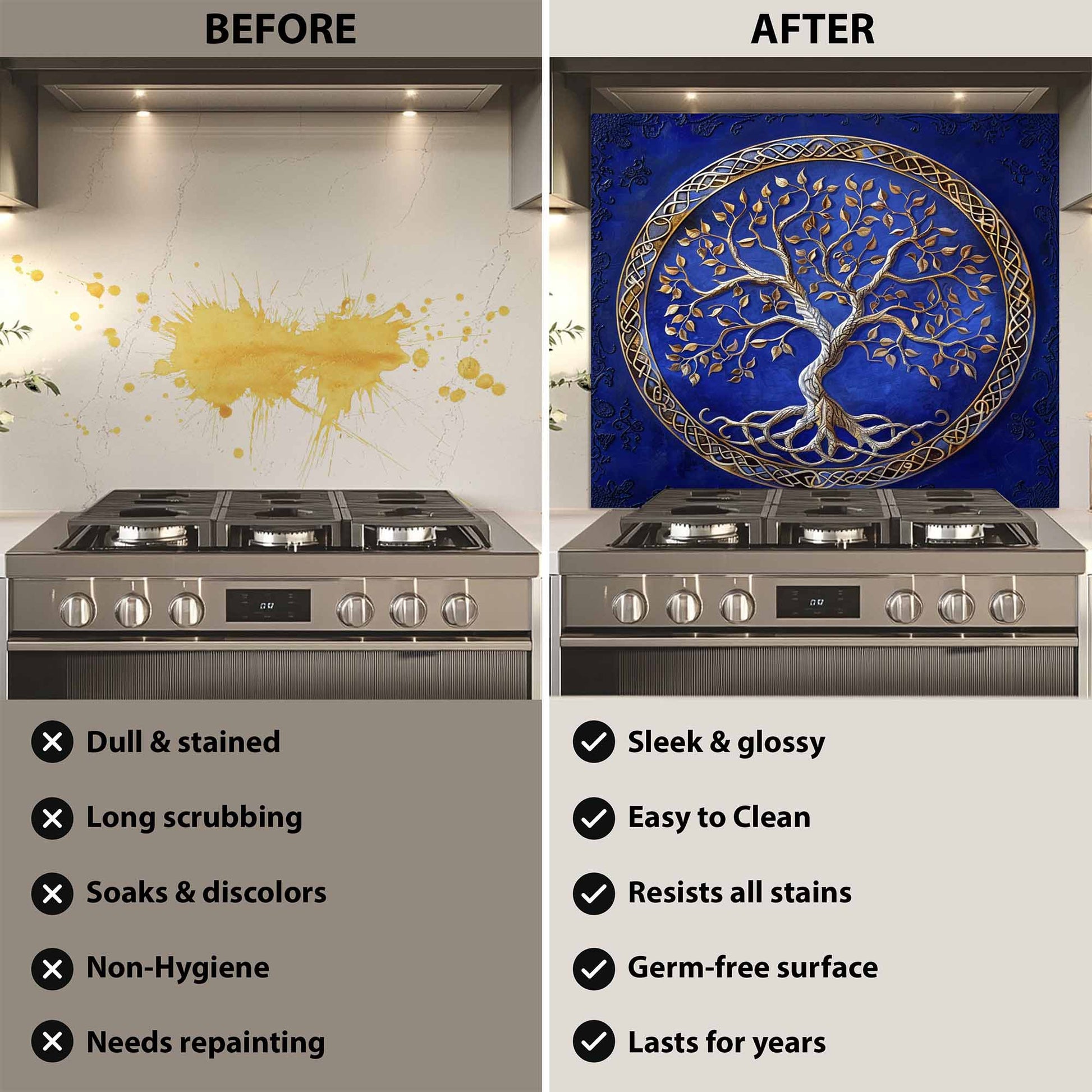 Before and after comparison of a kitchen stove with a decorative wall panel.
