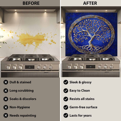 Before and after comparison of a kitchen stove with a decorative wall panel.