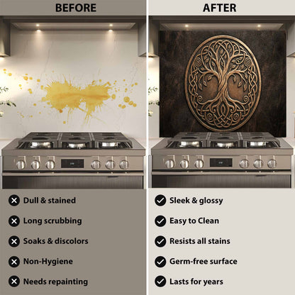Before and after comparison of a kitchen stove with a decorative backsplash.