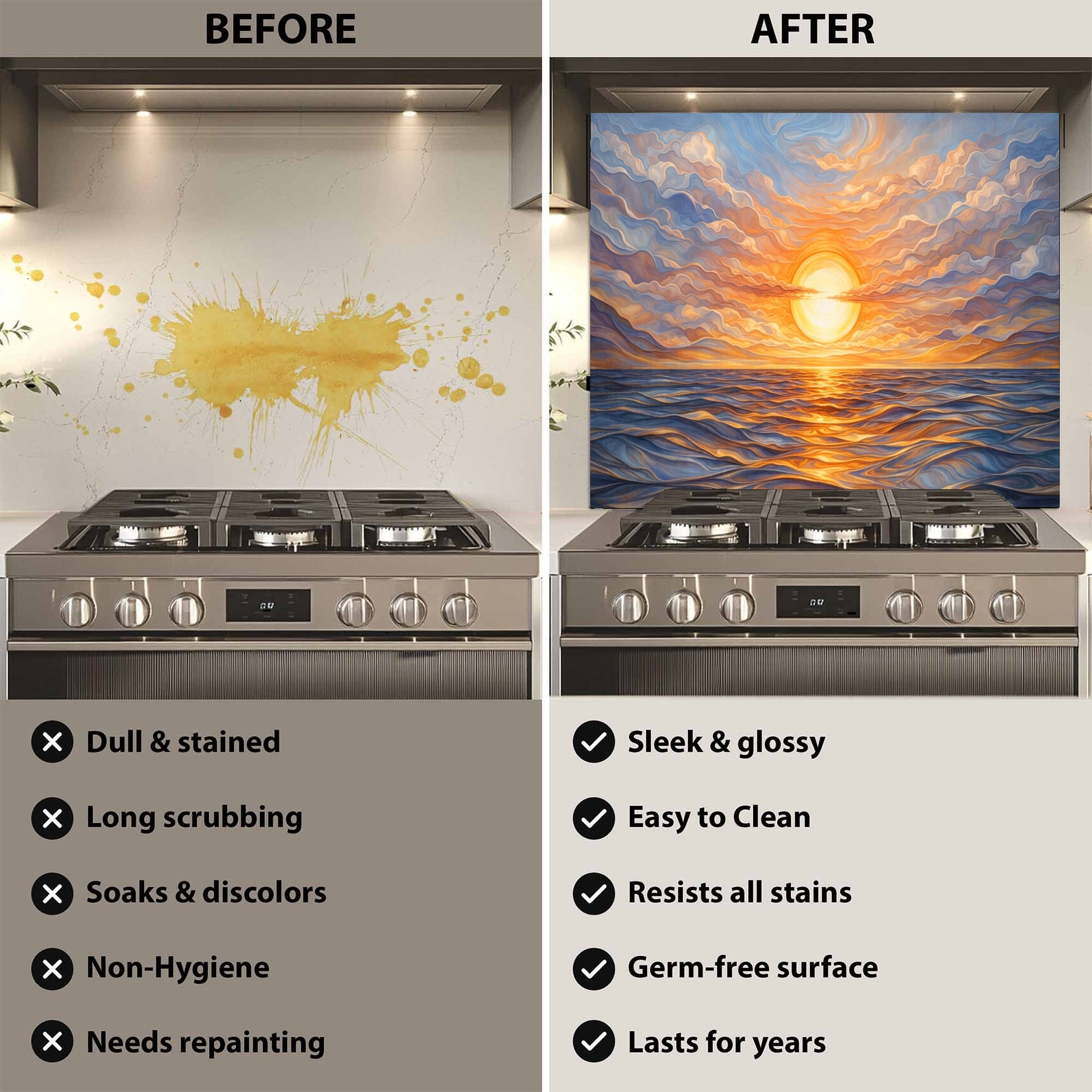 Before and after comparison of a stove with a decorative glass backsplash.