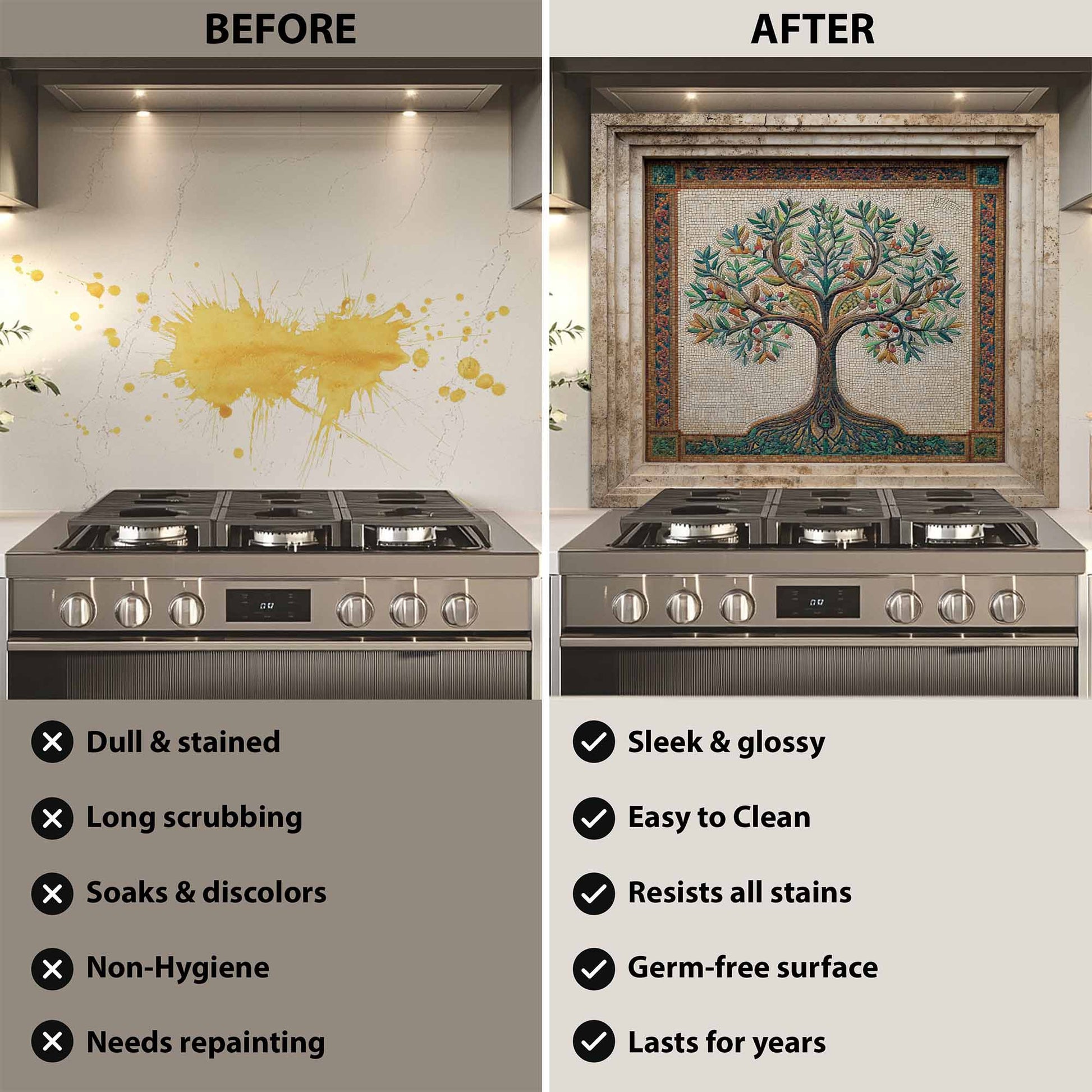 Before and after comparison of a kitchen stove with a decorative backsplash.