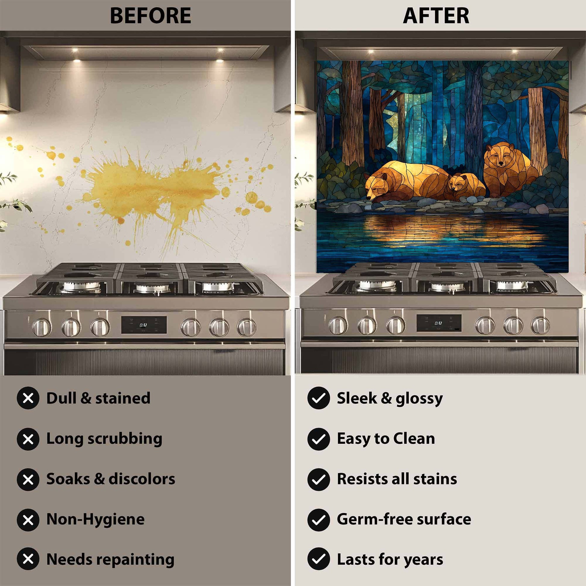 Before and after comparison of a stove with a decorative backsplash.