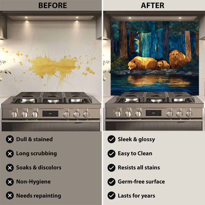 Before and after comparison of a stove with a decorative backsplash.