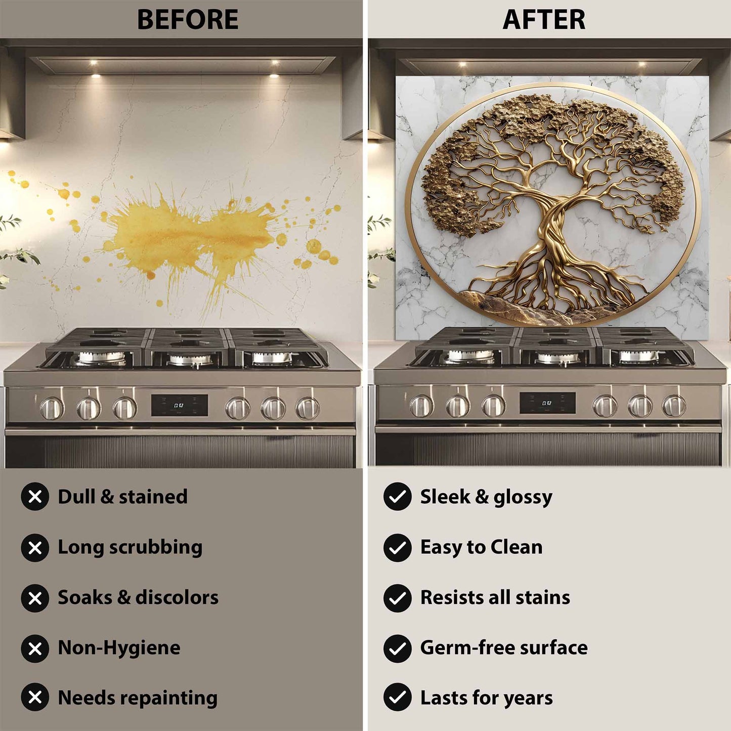 Before and after comparison of a kitchen stove with a decorative kitchen backsplash