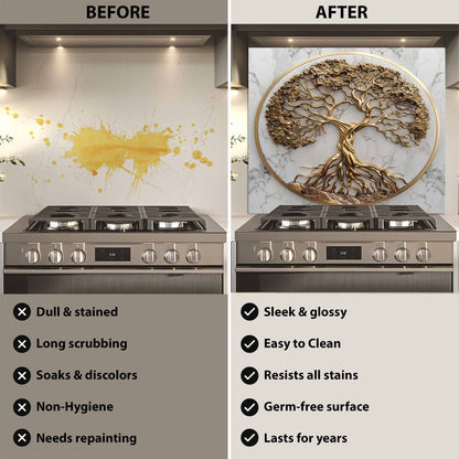 Before and after comparison of a kitchen stove with a decorative kitchen backsplash