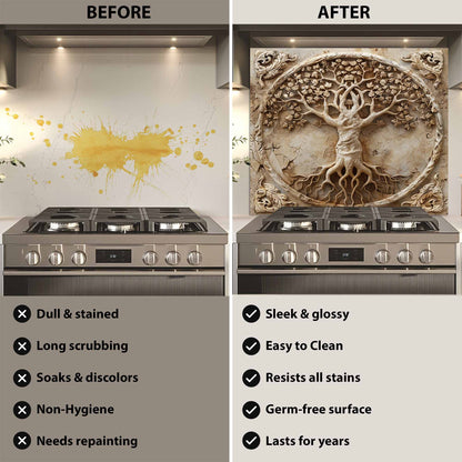Before and after comparison of a kitchen stove with a decorative backsplash.