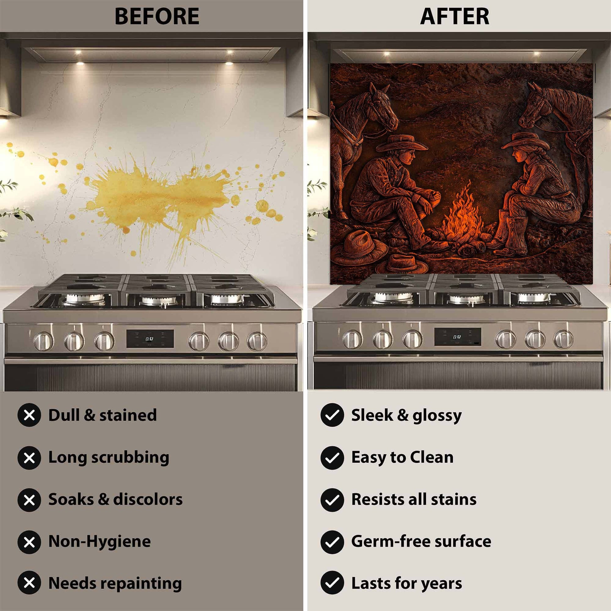 Before and after comparison of a kitchen stove with a decorative glass backsplash.
