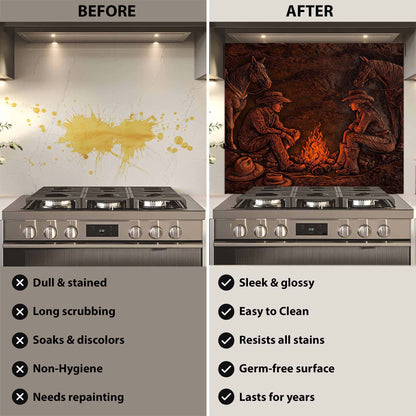 Before and after comparison of a kitchen stove with a decorative glass backsplash.