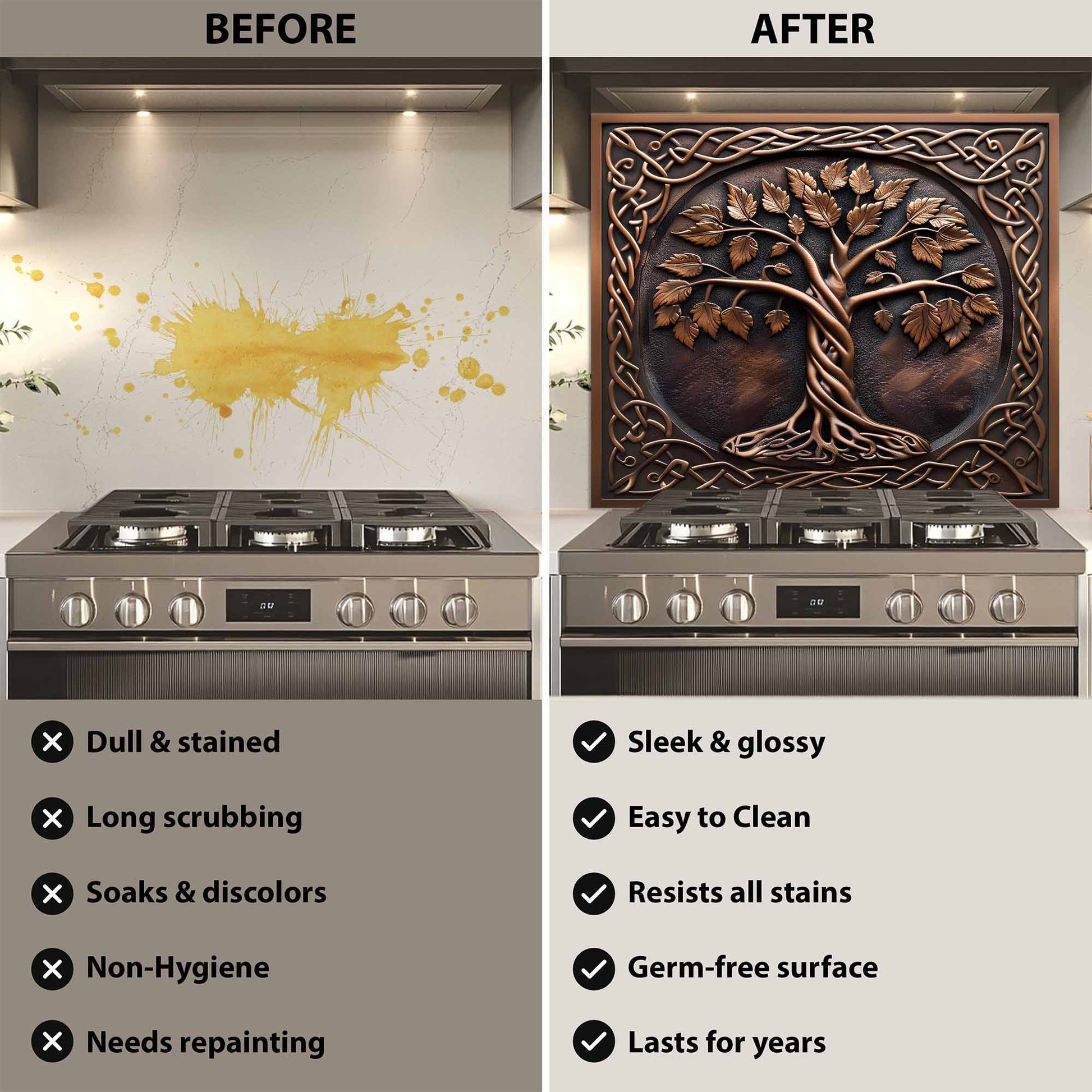 Before and after comparison of a kitchen stove with glass backsplash.