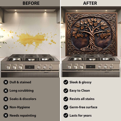 Before and after comparison of a kitchen stove with glass backsplash.
