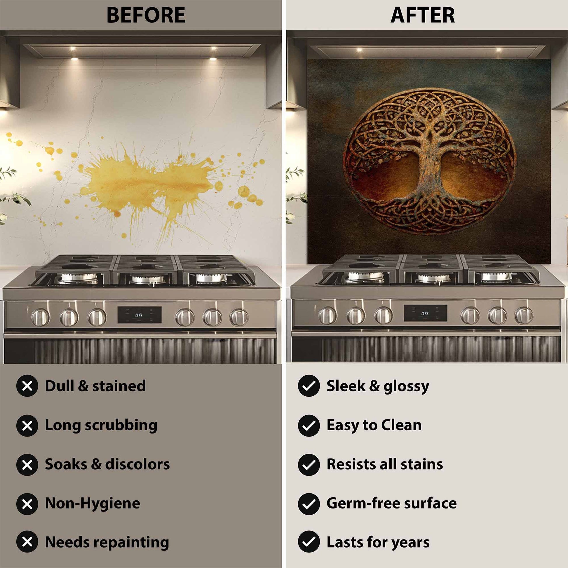 Before and after comparison of a kitchen stove with a decorative backsplash.
