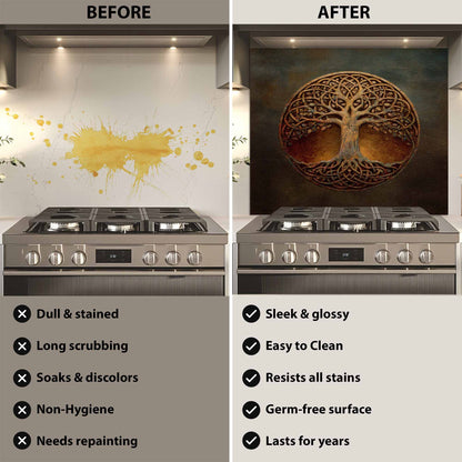 Before and after comparison of a kitchen stove with a decorative backsplash.