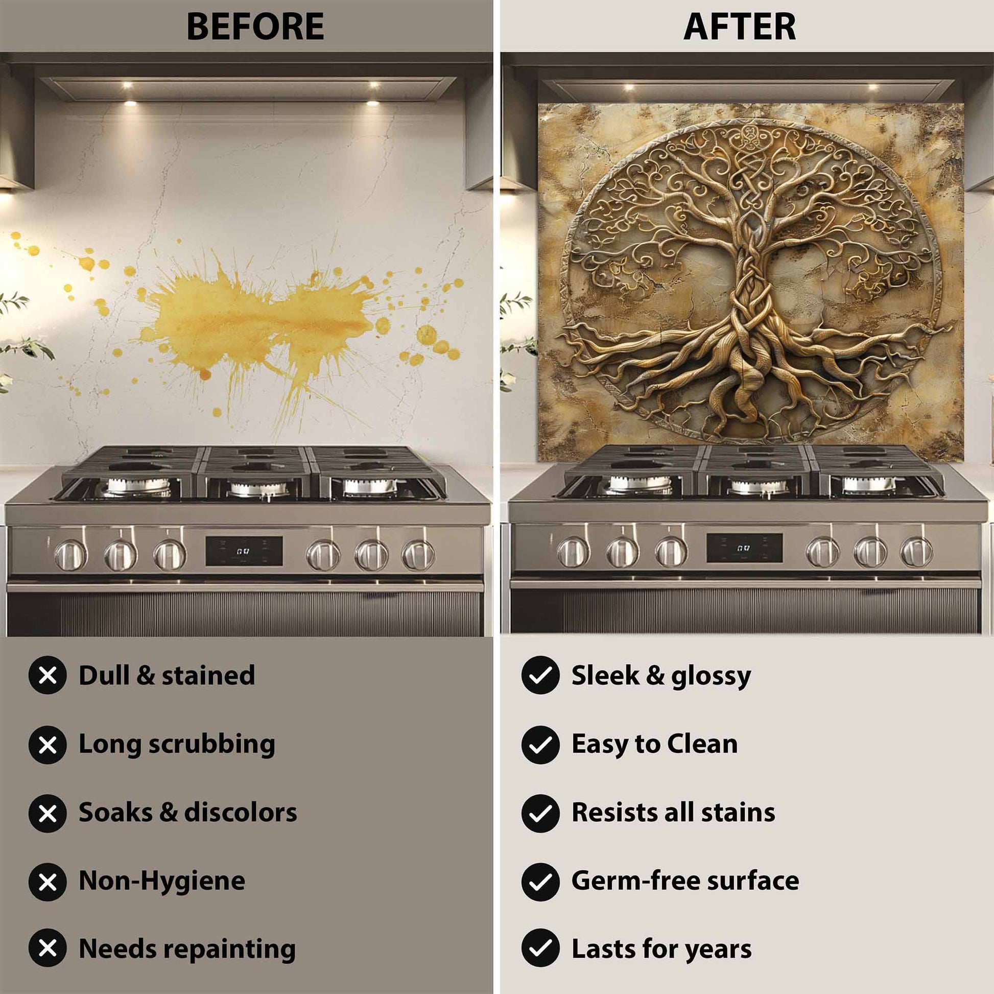 Before and after comparison of a kitchen stove with a decorative backsplash.