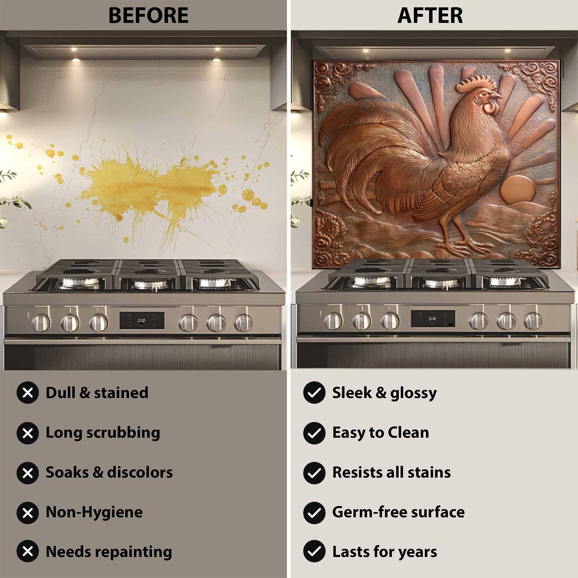 Before and after comparison of a stove with a decorative rooster glass backsplash.