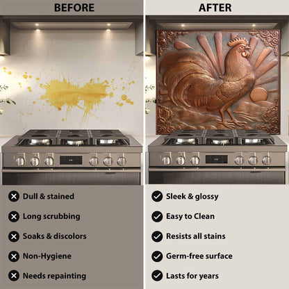 Before and after comparison of a stove with a decorative rooster glass backsplash.