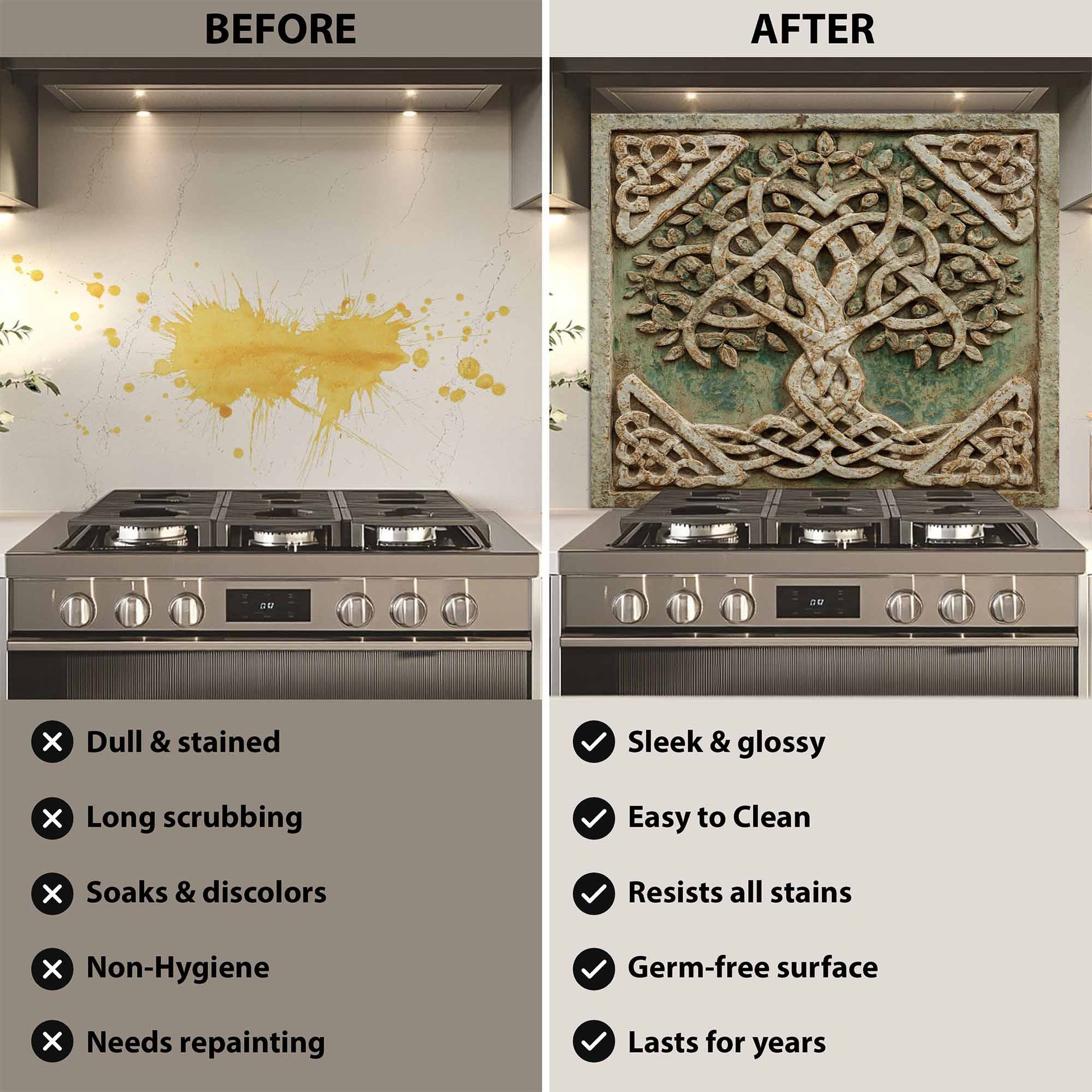 Before and after comparison of a kitchen stove with a decorative backsplash.