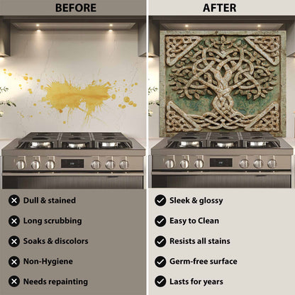 Before and after comparison of a kitchen stove with a decorative backsplash.