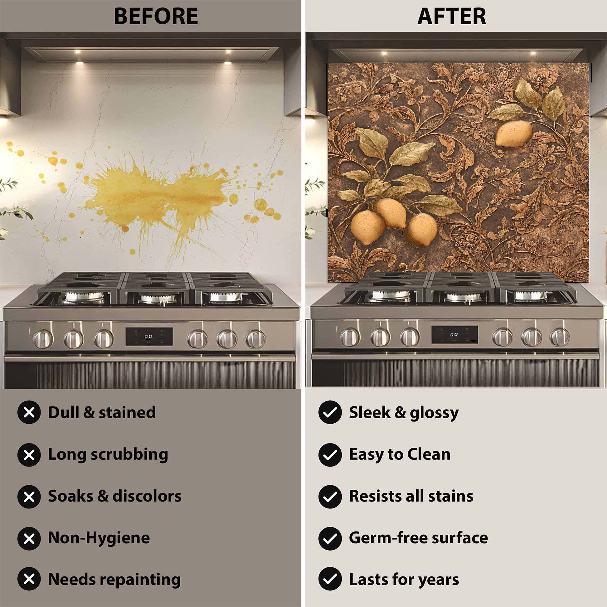 Before and after comparison of a stove with a decorative backsplash.