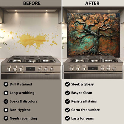 Before and after comparison of a kitchen stove with a decorative glass backsplash.