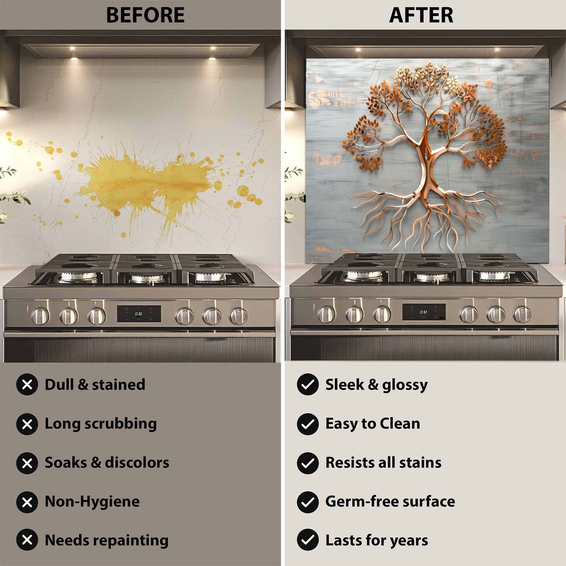 Before and after comparison of a kitchen stove with a decorative glass backsplash