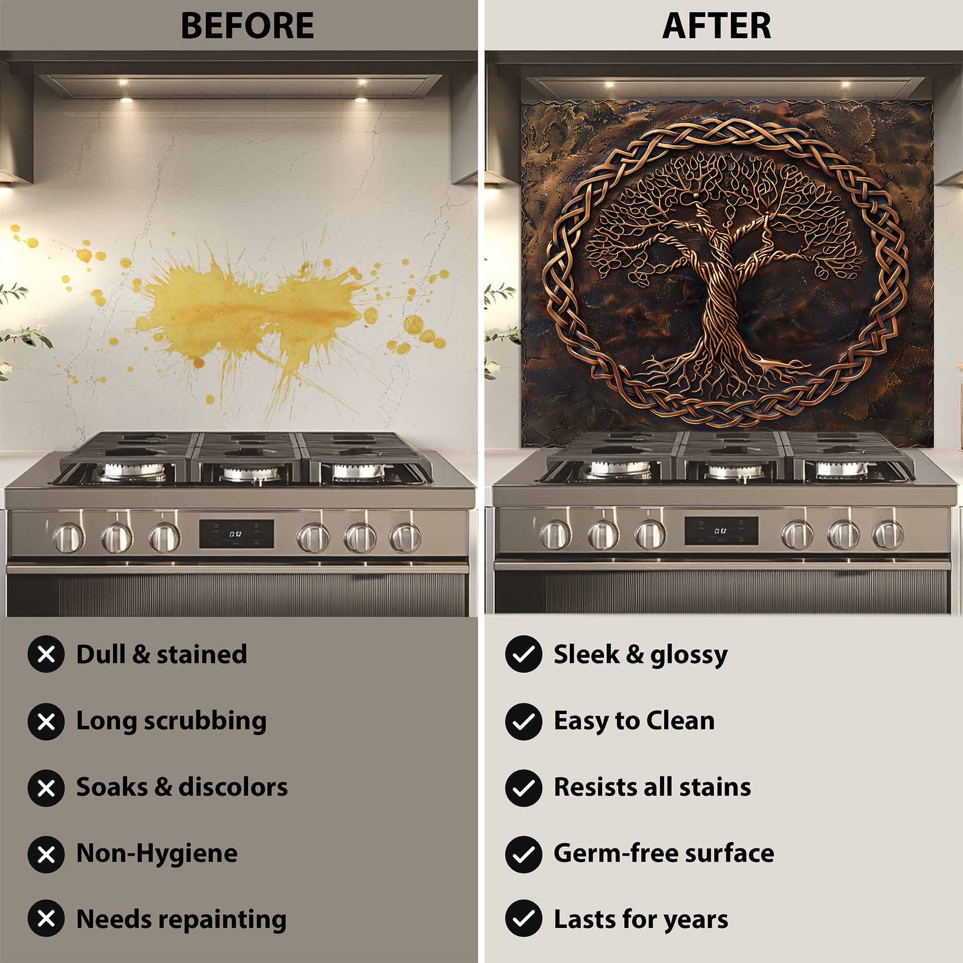 Before and after comparison of a kitchen stove with a decorative glass backsplash.