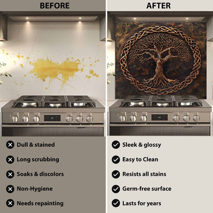Before and after comparison of a kitchen stove with a decorative glass backsplash.