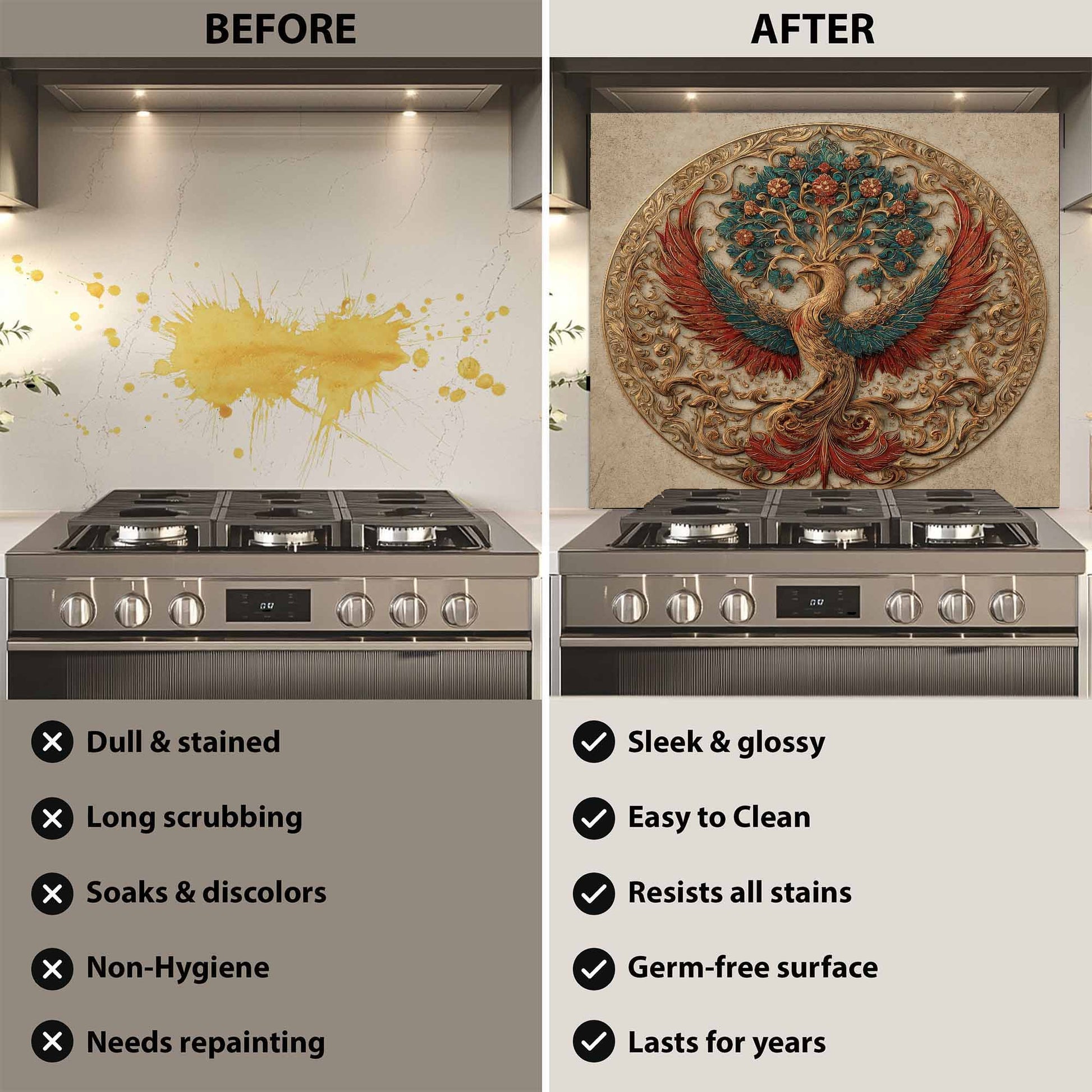 Before and after comparison of a kitchen stove with a decorative glass backsplash.
