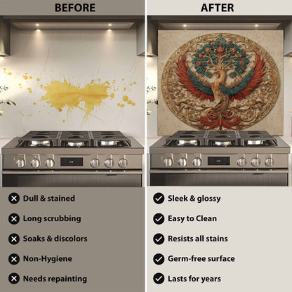 Before and after comparison of a kitchen stove with a decorative glass backsplash.